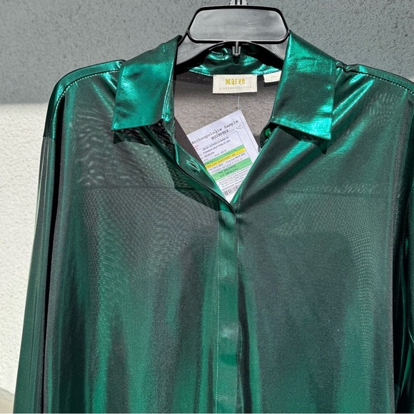 NWT Anthropologie green shiny Button‎ down Shirt size small - Picture 3 of 7